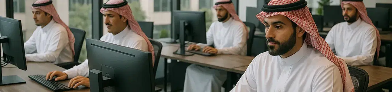 The Deepora team of skilled professionals working collaboratively on computers in a modern office environment.