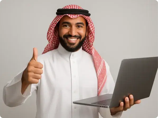 A professional in Saudi attire gives a thumbs-up while using a laptop, demonstrating the simplicity and effectiveness of Deepora's communication solutions.